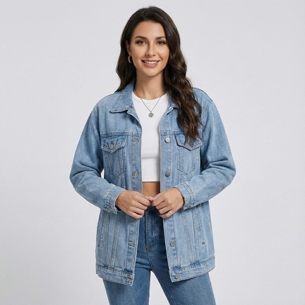 Džinsinė striukė oversized stiliumi miesto stiliuje