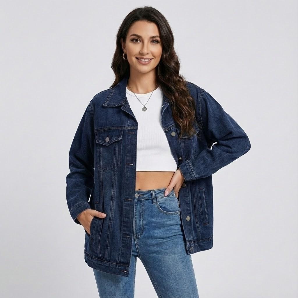 Džinsinė striukė oversized stiliumi miesto stiliuje