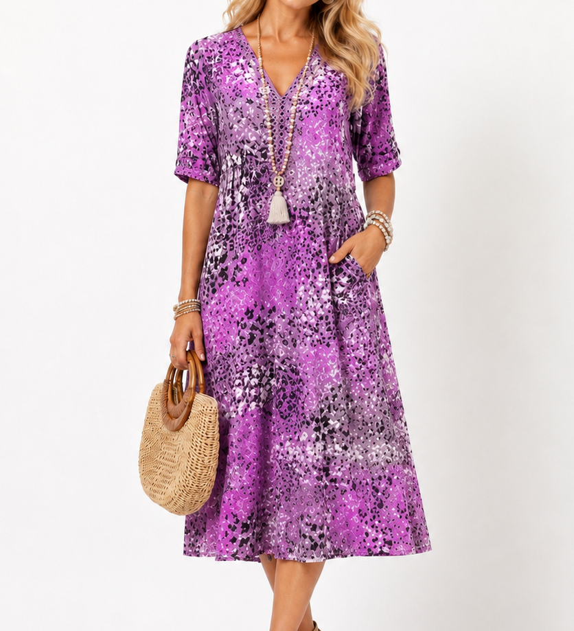 Boleslava | Gėlių boho midi suknelė su V formos iškirpte
