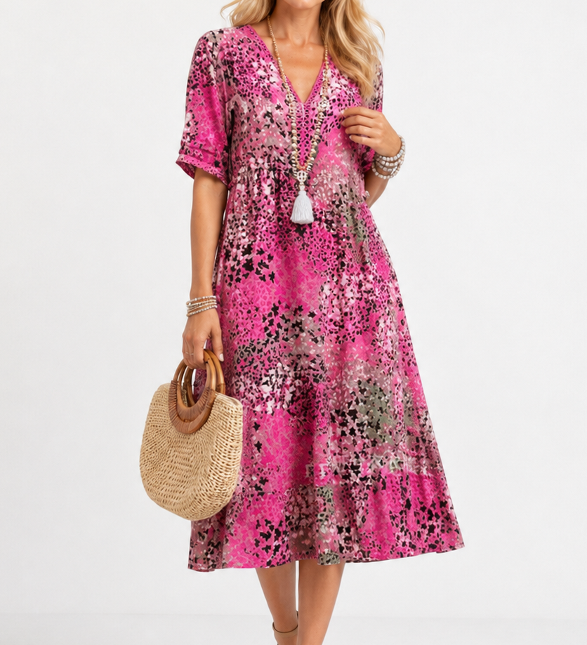 Boleslava | Gėlių boho midi suknelė su V formos iškirpte