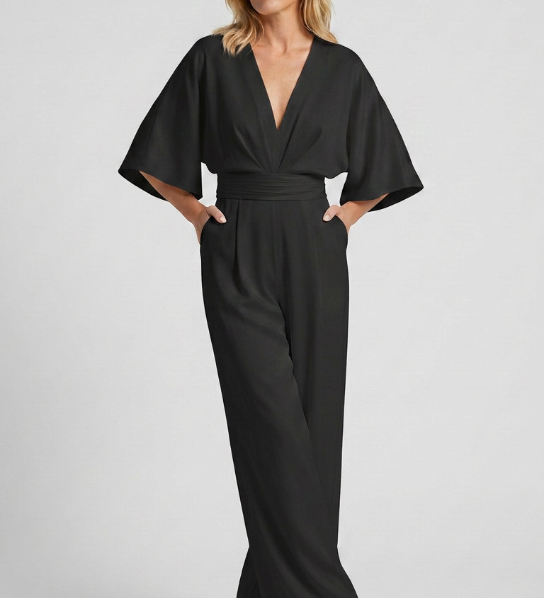 Albína | Jumpsuit su plačiomis kelnėmis ir V formos iškirpte