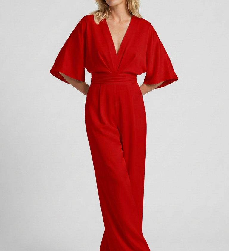 Albína | Jumpsuit su plačiomis kelnėmis ir V formos iškirpte