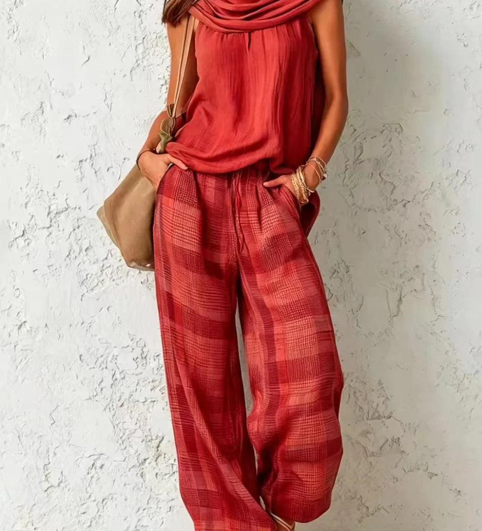 Laisvalaikio dviejų dalių komplektas su laisvu viršumi ir plačiomis kelnėmis